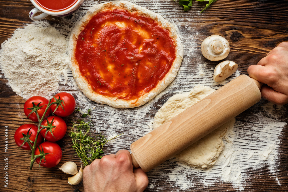 Fresh original Italian raw pizza preparation - obrazy, fototapety, plakaty 
