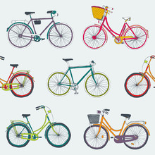 Hand Drawn Vector Seamless Pattern With City Bikes