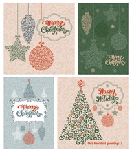 Set Of Vintage Card With Christmas Decorations And Calligraphic Inscription Merry Christmas And Happy Holidays. Vector Illustration 