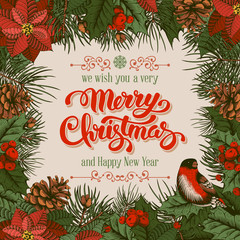 vintage vector card with hand drawn in engraved style fir tree, poinsettia and fir-cone for christma