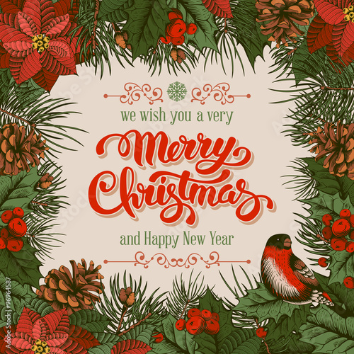 Fotografía Vintage vector card with hand drawn in engraved style fir tree, poinsettia and fir-cone for Christmas