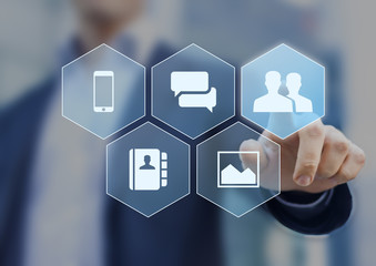 Social network icons on virtual screen buttons with a person in