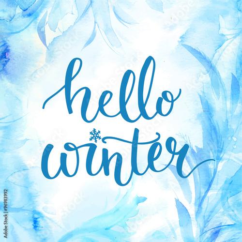 Hello Winter Banner With Lettering Brush Script At Blue