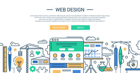 Illustration of modern line flat design composition and infographics elements with website development tools. Header, banner for your site