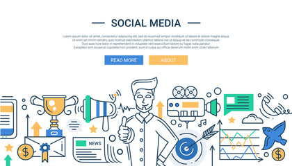 Wall Mural - Illustration of modern social media promotion line flat design composition and infographics elements with a happy man. Header, banner for your website