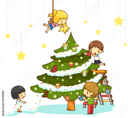 Cartoon Children Decorating Christmas Tree With Ornaments