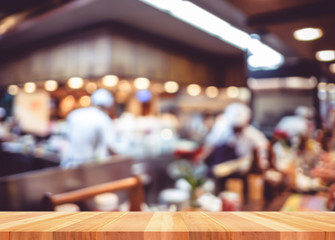 Aufkleber - Empty wood table with blur restaurant background,Mock up Templat