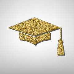 Mortar Board or Graduation Cap, Education symbol illustration. Golden icon