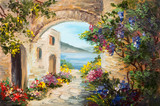 Fototapeta  - oil painting - house near the sea, colorful flowers, summer seascape
