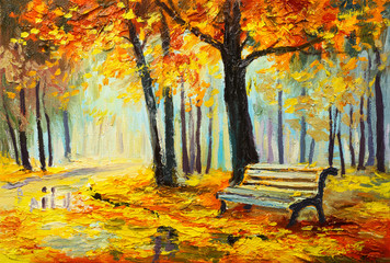 Oil painting landscape - colorful autumn forest