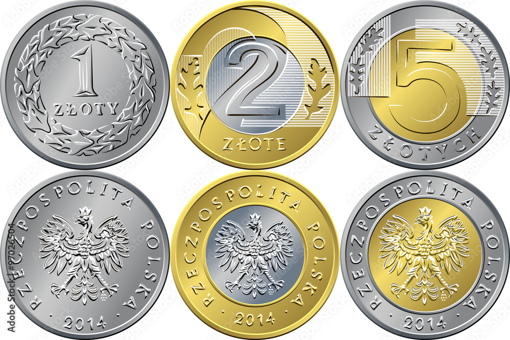 Ustaw polskie pieniądze na jedną, dwie i pięć złotych monet ...