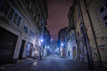 Bucharest, Romania – August 23, 2014: Night Street Scene In Bucharest Old City.