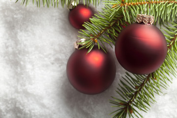 Sticker - Christmas baubles and branch of spruce tree on snow