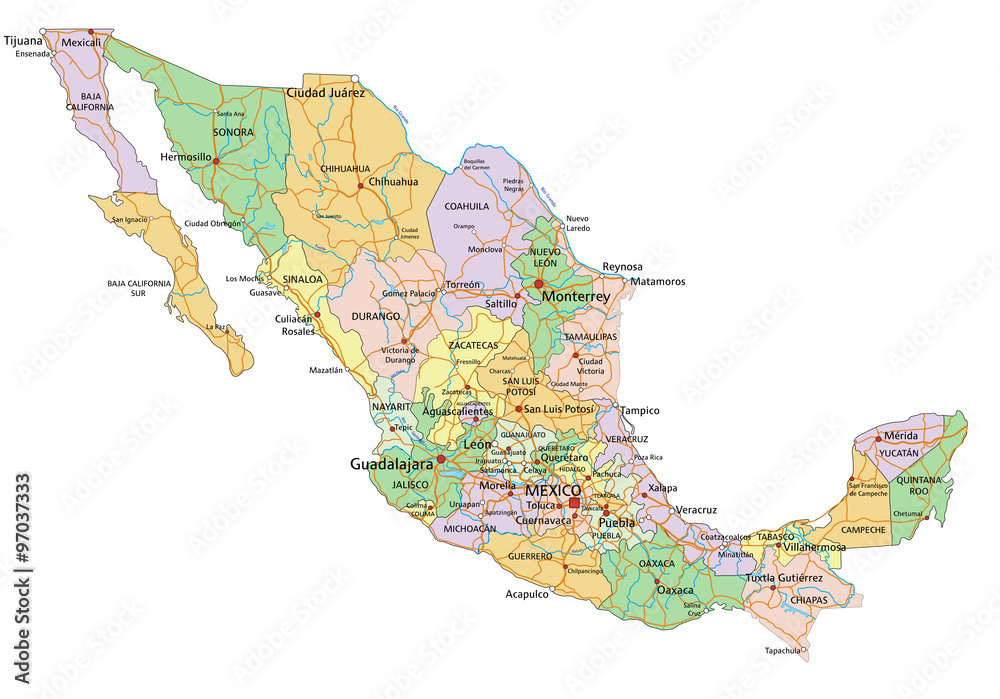 Mexico - Highly detailed editable political map with labeling. Stock