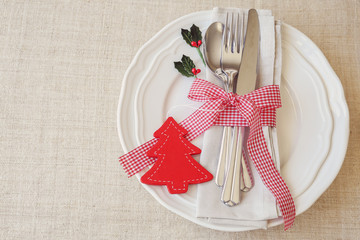 Wall Mural - Christmas table place setting, holidays copy space background,selective focus, vintage tone