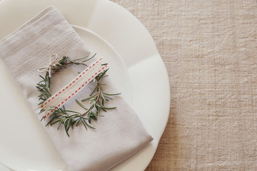 Wall Mural - Christmas table place setting, holidays copy space background, selective focus, vintage tone