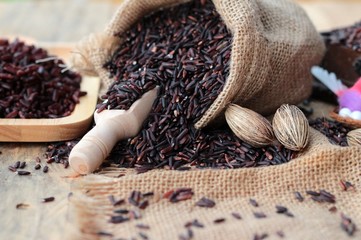 Poster - Raw purple rice berries and cooked of delicious for health.