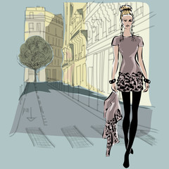 Wall Mural - Fashion models in sketch style with Paris city background