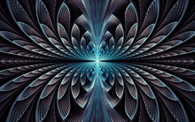 Symmetrical Abstract Fractal With Glossy Metallic Feathers On Black Background