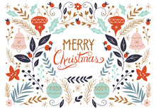 Merry Christmas Hand Drawing Greeting Card With Floral Elements.