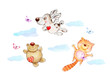 Set of cute animals, cat, puppy, Teddy bear flying in the clouds