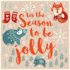 Wall Mural - Greeting Holiday card with fox, bear, rabbit and socks