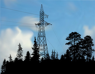 high electric tower in dark forest