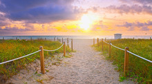 Path On The Sand Going To The Ocean In Miami Beach Florida At Sunrise Or Sunset, Beautiful Nature Landscape, Retro Instagram Filter For Vintage Looks
