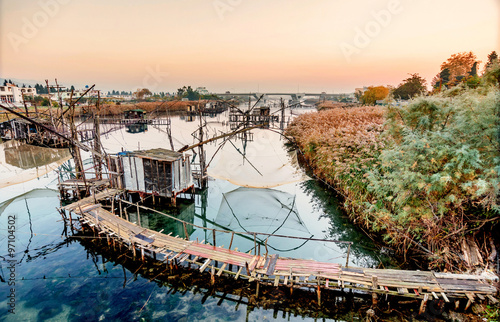 Fotografia, Obraz Fishing huts on Port Milena near Ulcinj city, Montenegro