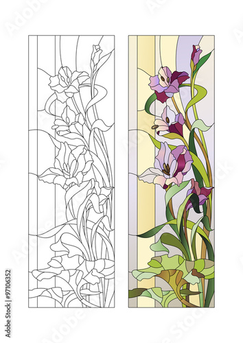 Fototapeta na wymiar Stained glass pattern with gladioli