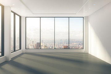 Modern empty room with windows in floor and city view