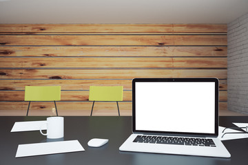 Poster - Blank white laptop screen on black table in loft office, mock up