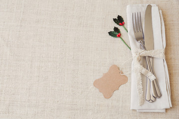 Wall Mural - Christmas table place setting, holidays copy space background, selective focus, vintage tone