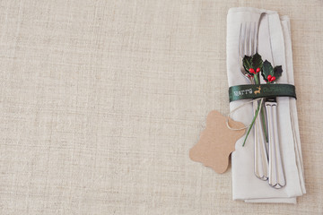 Wall Mural - Christmas table place setting, holidays copy space background, selective focus, vintage tone