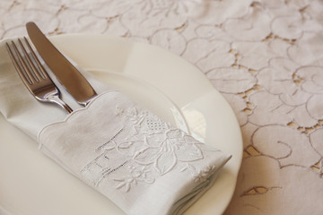 Wall Mural - table place setting, copy space background, selective focus, vintage tone