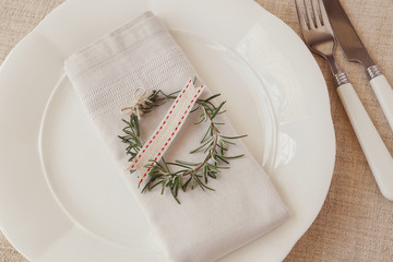 Wall Mural - Christmas table place setting, holidays copy space background, selective focus, vintage tone