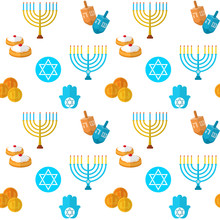 Happy Hanukkah Vector Seamless Pattern, With Dreidel Game, Coins, Hand Of Miriam, Palm Of David, Star Of David, Menorah, Traditional Food, Torah And Other Traditional Items