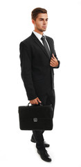 Poster - Elegant man in suit with briefcase isolated on white