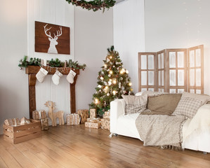 Canvas Print - Interior living room with a Christmas tree and decorations.