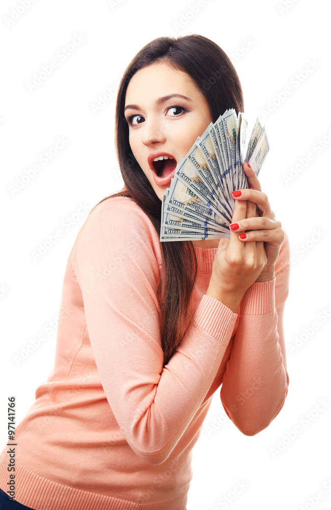 Woman holding money isolated on white