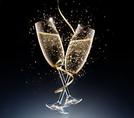 Poster - glasses of champagne on a black background.