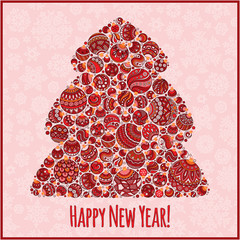 Happy New Year Greeting Card. Christmas tree from balls illustra