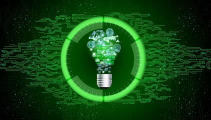 Light bulb on green abstract technology background