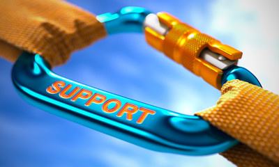 Poster - Support on Blue Carabiner between Orange Ropes.