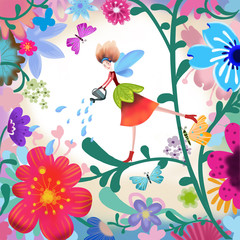 Wall Mural - The Illustration of the World of Children's Imagination: Flower Fairy. Realistic Fantastic Cartoon Style Scene / Wallpaper / Background / Card Design.