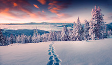 Foggy Winter Sunrise In The Snowy Mountain
