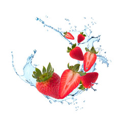 Fresh fruits, berries falling in water splash, isolated on white background