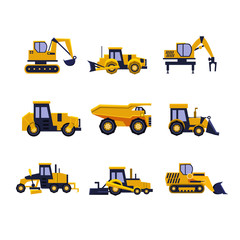 Sticker - construction equipment road roller, excavator, bulldozer and tractor. car flat icon set