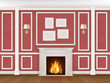 Classic interior wall with fireplace, sconces and pilasters. Vector realistic illustration.