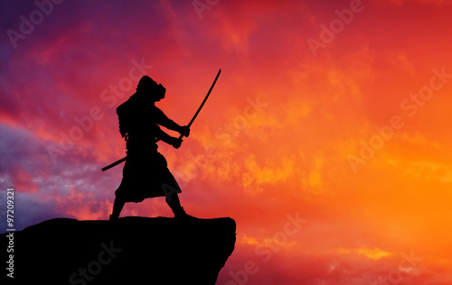 Photo  Samurai on top of mountain. Conceptual design.